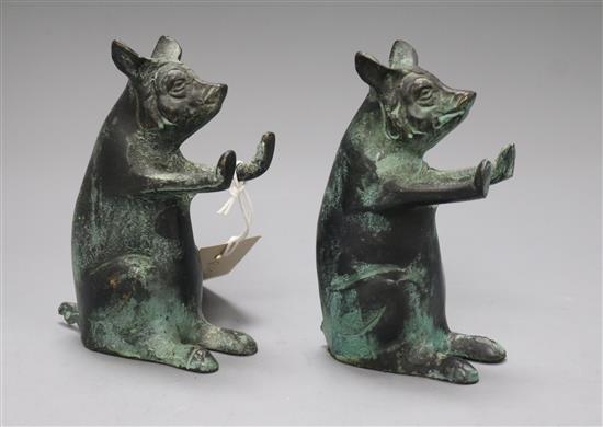 Two bronze pig bookends height 14.5cm